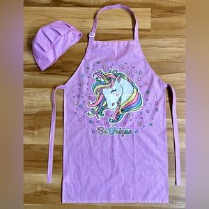 Girl’s Purple Unicorn ‘’Be Unique” Chef Apron and Hat Set, Kids Size 10